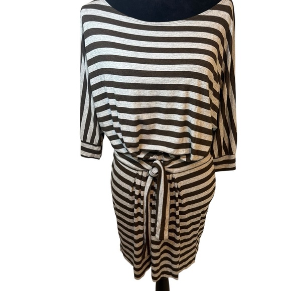 Vince | Gray & Brown Striped Knit Dress with Tie at the Waist | Sz S - Picture 1 of 9